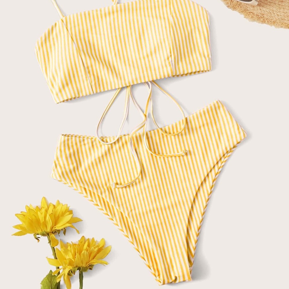 Yellow White Striped Criss Cross Strap Lace Up Back Top High Waist Bikini Set L